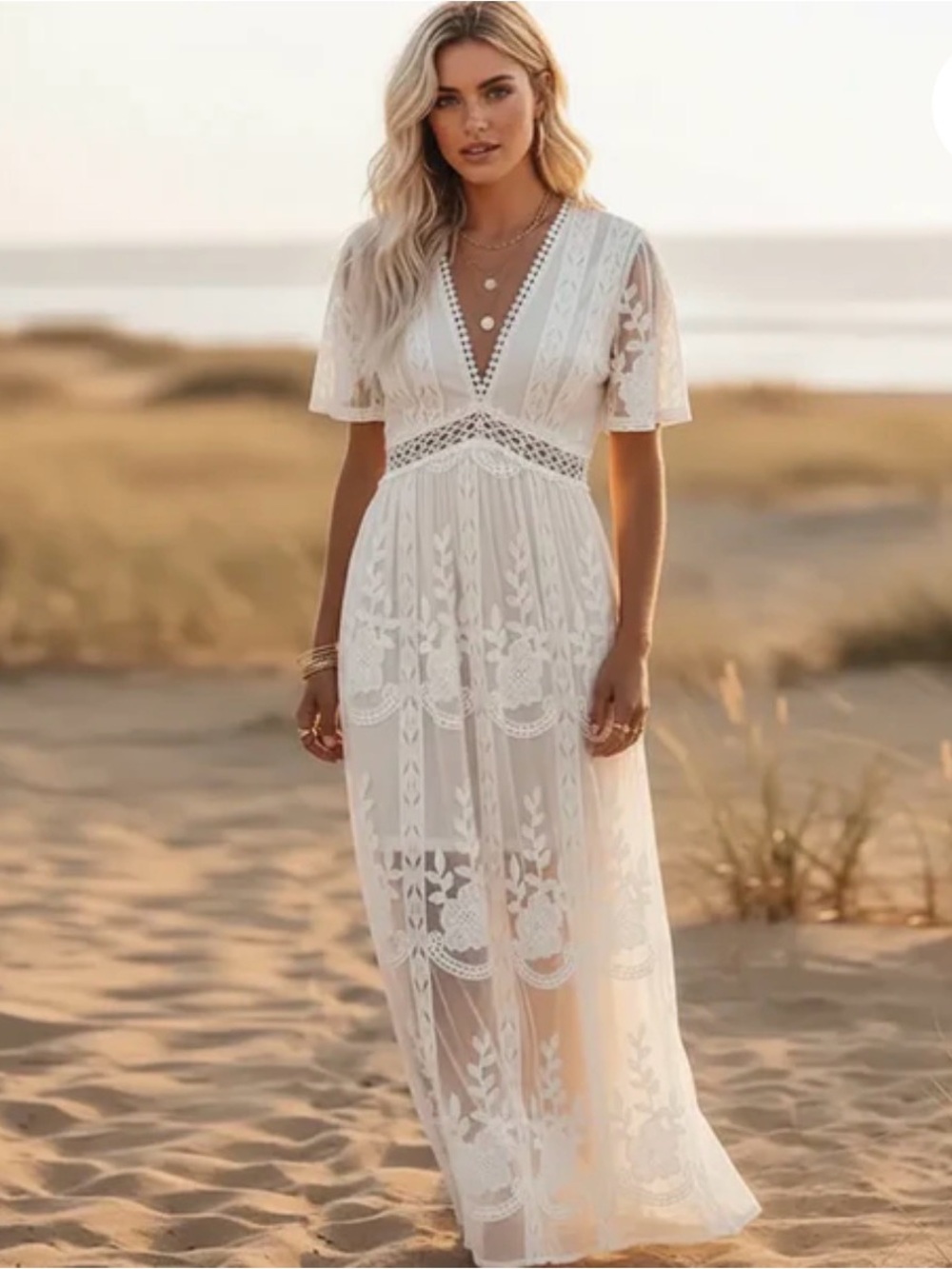 Aakaa White Lace Short Sleeve Boho Maxi Dress